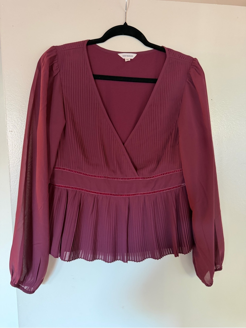 Lucky Brand Wine Pleated V-Neck Blouse